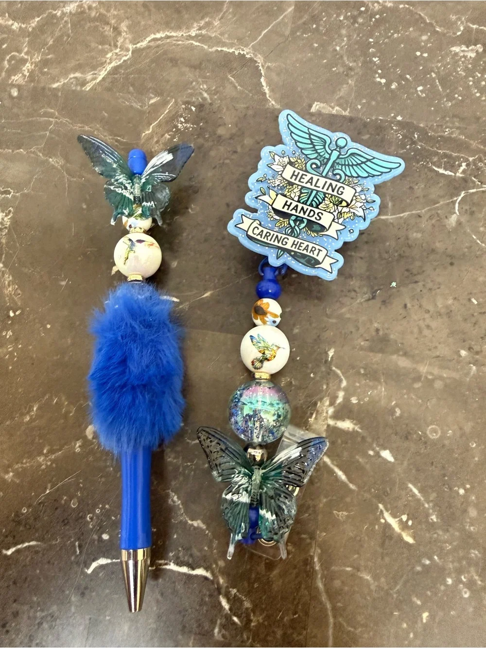 Healing Hands Medical Butterfly Hummingbird Beaded Pen and Matching Badge Reel